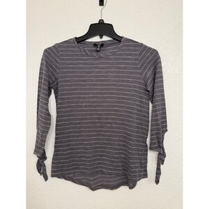 Jones New York Signature Womens Small Grey Striped Long Sleeve Tie Cuff Top